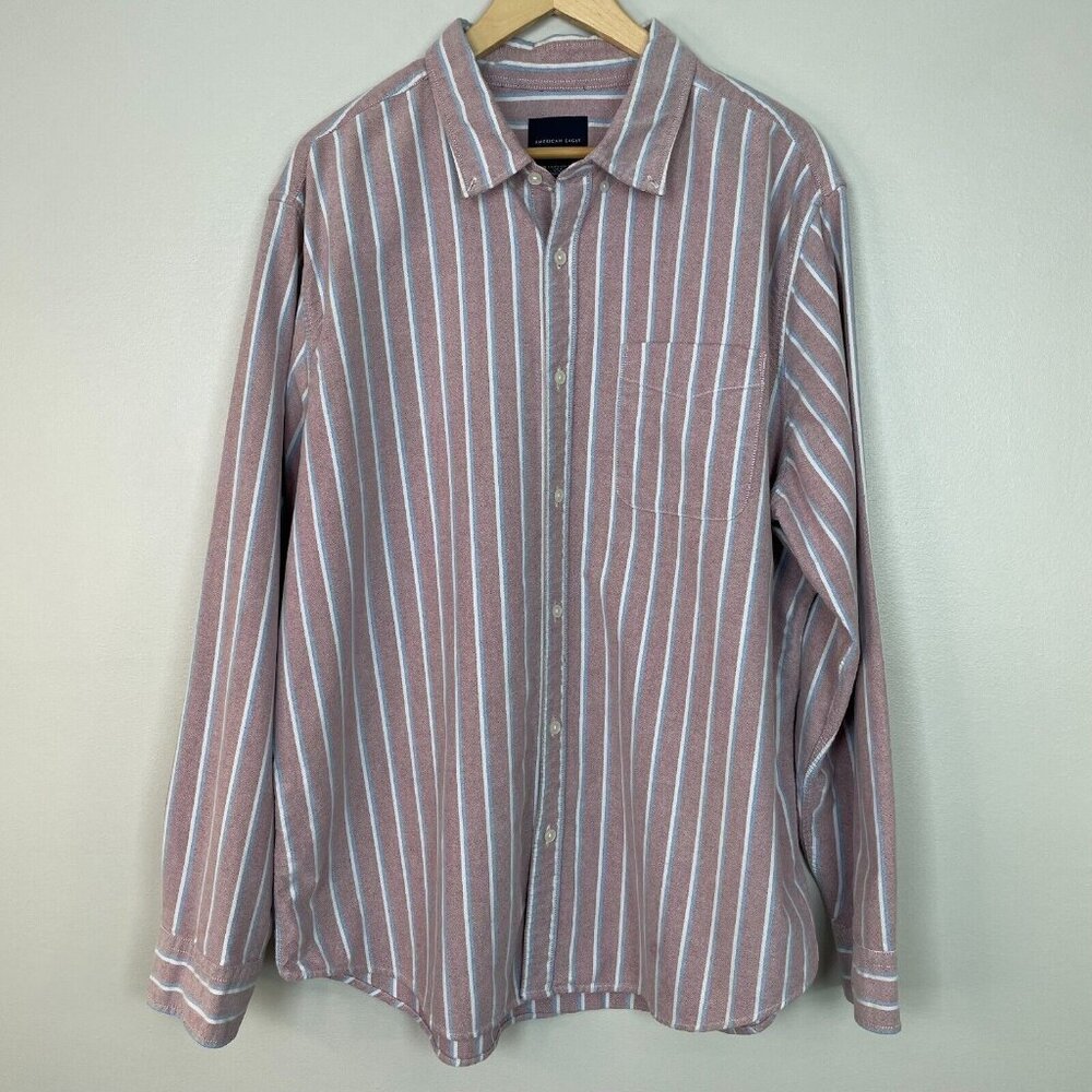 American Eagle Shirt XXL Red White Blue Striped Oxford Cotton Men's Button-Up